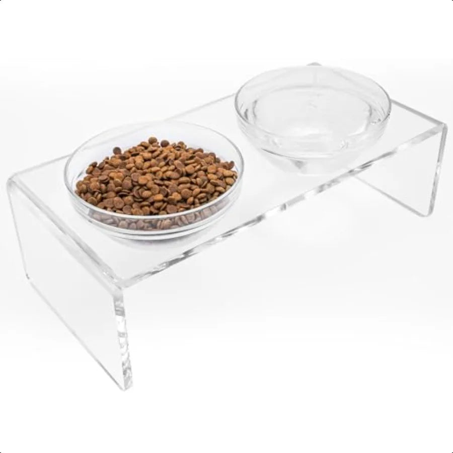 Acrylic Elevated Dog Cat Bowls Pet Feeder Double Bowl Raised Stand Comes with 2 Removable Glass Bowls and 2 Stainl Steel Bowls.
