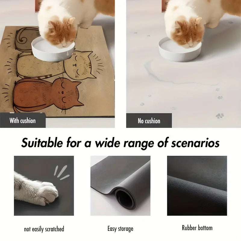 Non-Slip Cat Pattern Pet Feeding Mat, Cute Design with Leakproof Easy Clean Waterproof Surface to Prevent Floor Contamination.