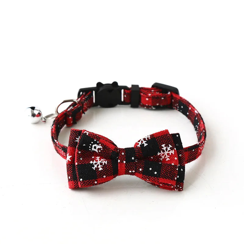 Christmas Bowknot Cat Small Dog Collar with Bell Plaid Snowflake Adjustable Breakaway Pet Puppy Kitten Buckle Necklace