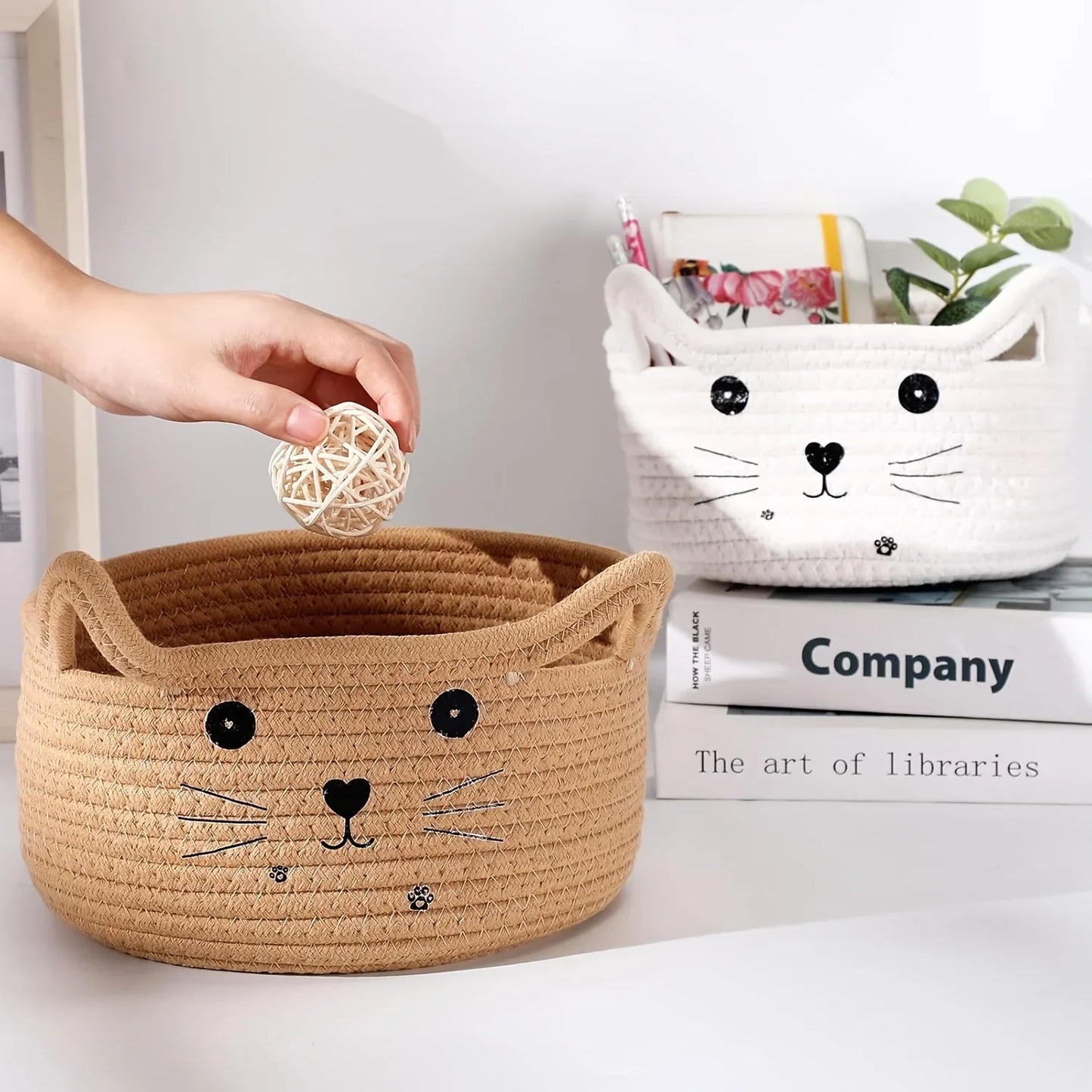 Cat Basket Storage Woven Basket Organizer with Ears Decorative Pet Toy Cute Cotton Rope Basket for Gift Cat Dog Toy Bin