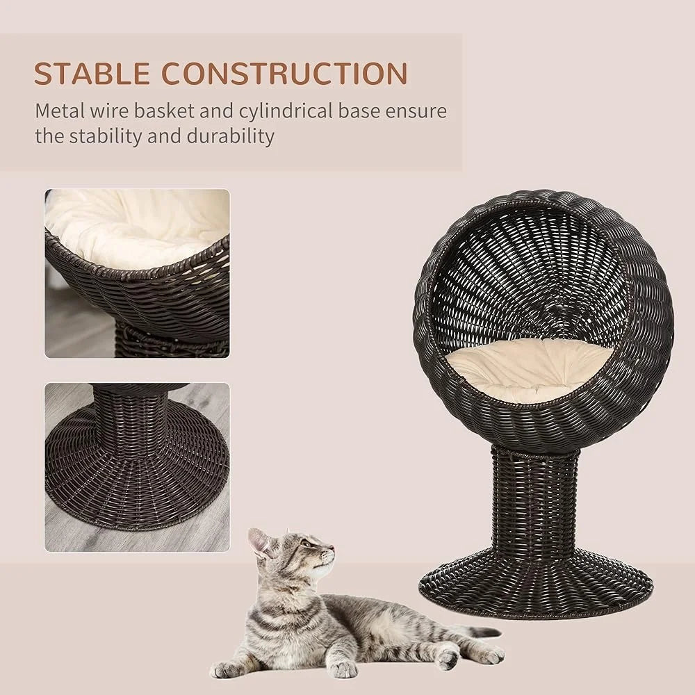 Elevated Cat Bed Rotatable Egg Chair Pod Natural Grass Woven Kitty House with Thick Cushion Cozy Basket Napping Space