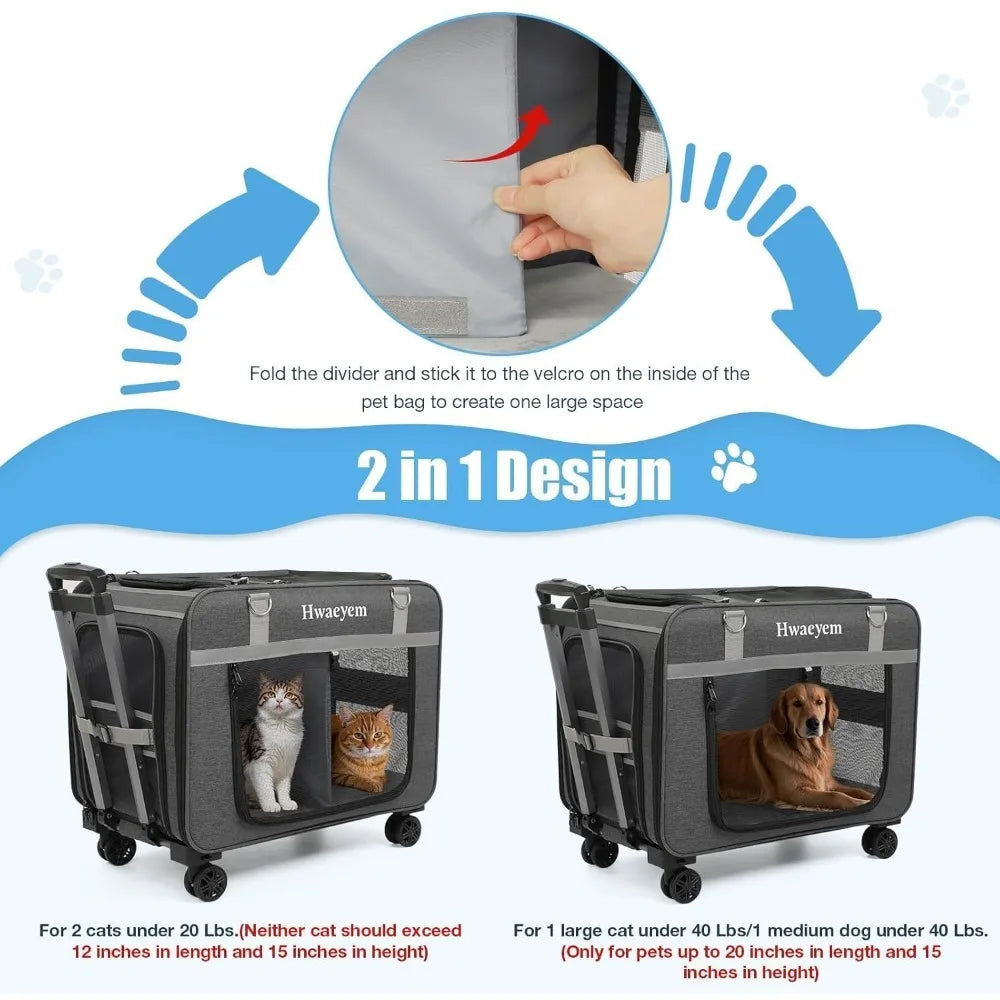 Pet Carrier with Wheels, Rolling Carrier for 2 Cats or Medium Dog, 24 X 15 X 17 Portable Crate for L