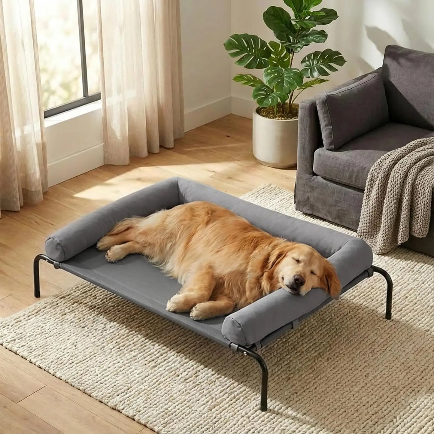 Large Elevated Cooling Dog Bed with Breathable Mesh, Chew-Proof Design for Outdoor Use, Portable Pet Cot