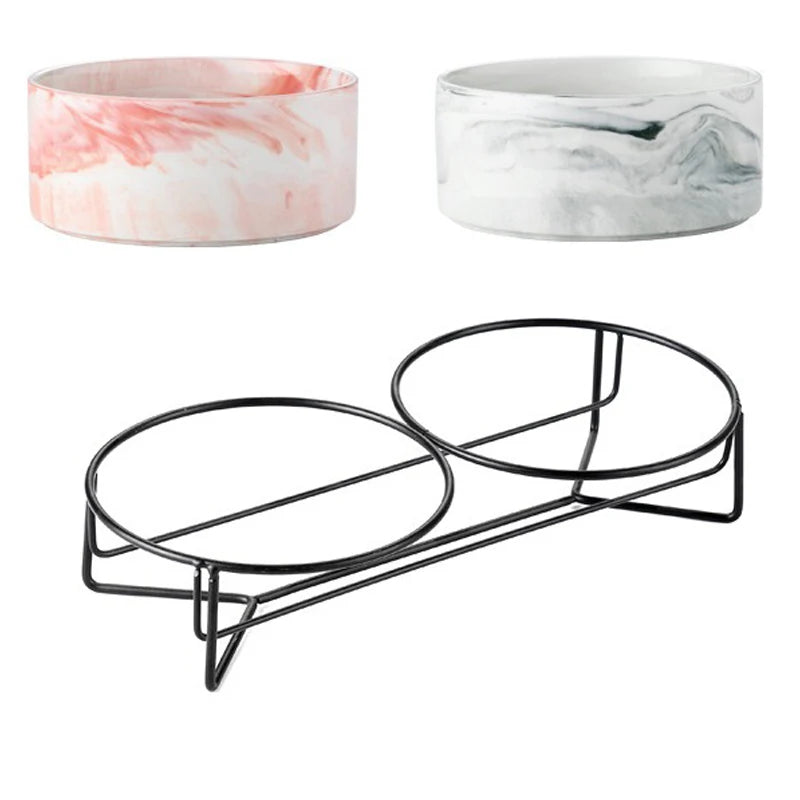 Ceramic Cat Bowl Double Marble Feeder for Dog Puppy with Raised Stand Non-Slip Feeding Food and Water Accessories Products #P021