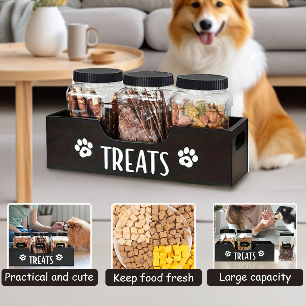 Wooden Dog Food Storage Holder with 3 Plastic Treat Jar Airtight Dog Treat Bin Large Capacity for Pet Gift Supply Accessories
