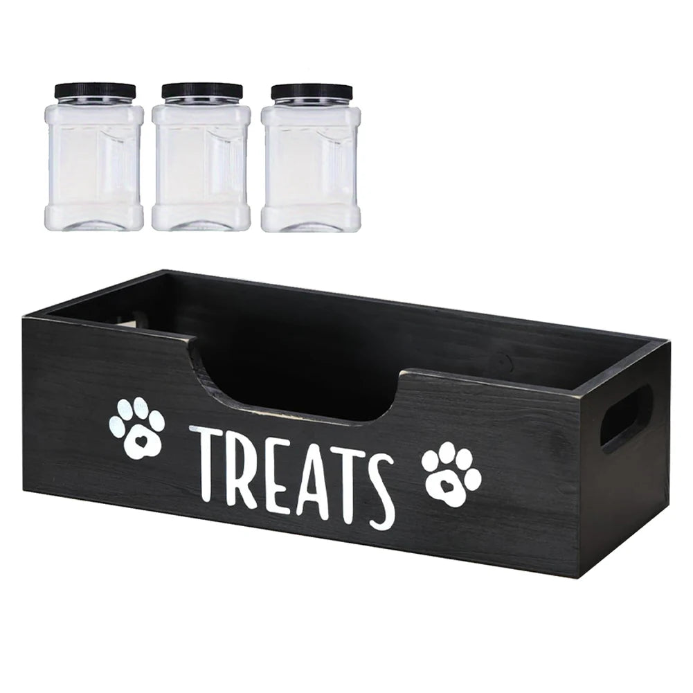 Wooden Dog Food Storage Holder with 3 Plastic Treat Jar Airtight Dog Treat Bin Large Capacity for Pet Gift Supply Accessories