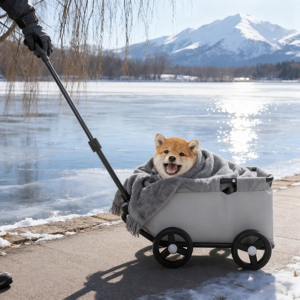 Gray Foldable Dog Stroller Portable Adjustable Pull Rod Pet Travel Carrier Cart Shock-Absorbent Smooth-Rolling for Small Pets