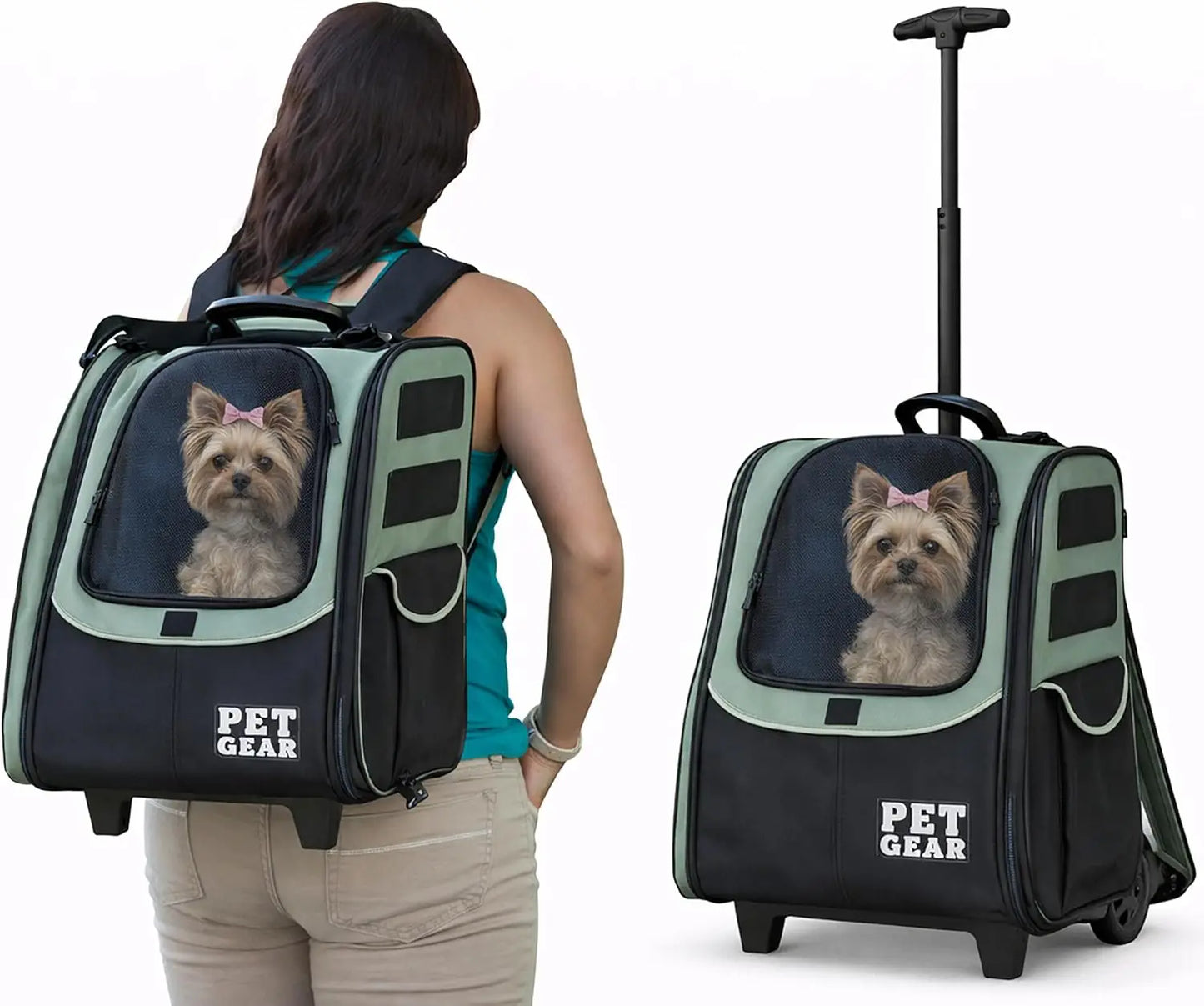 Traveler Roller Backpack for Cats/Dogs, Mesh Ventilation, Telescoping Handle, Storage Pouch, Green Clover