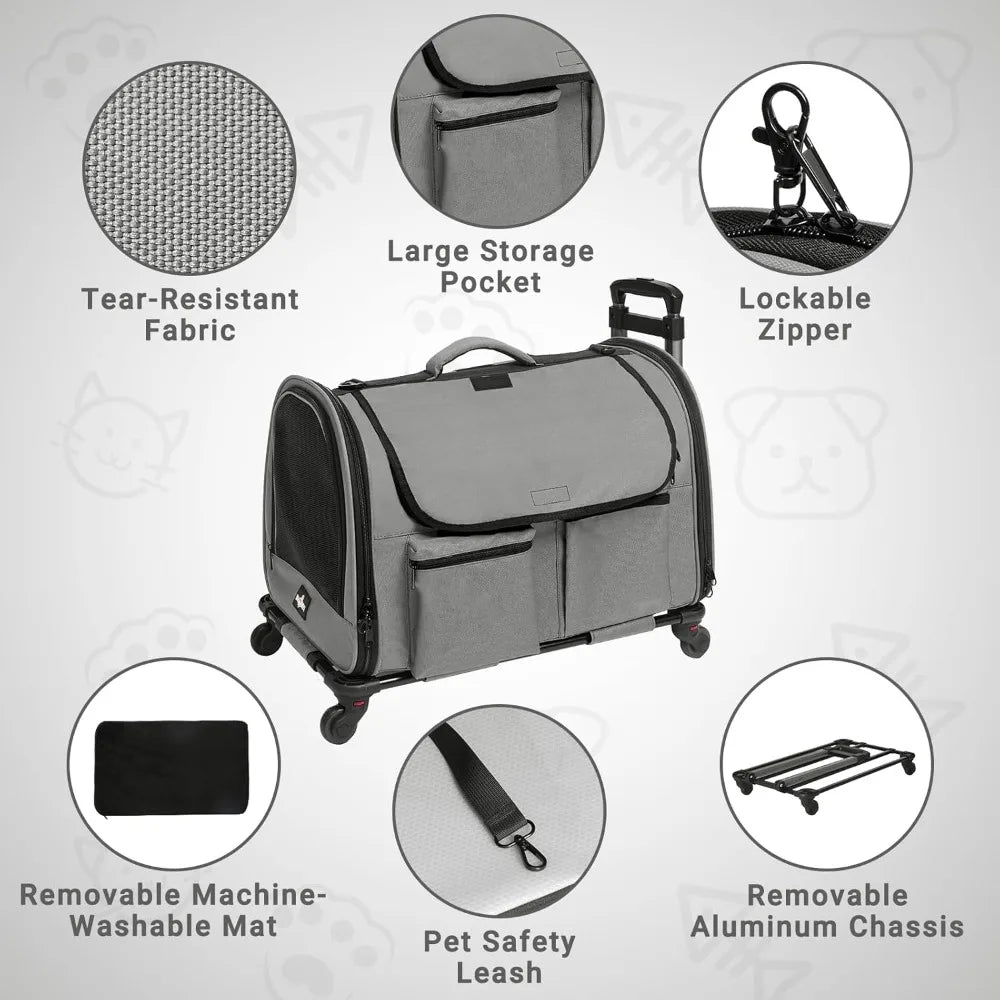 Pet Carrier with Wheels, Foldable Rolling Dog Carrier with Big Pocket, Cat Rolling Bag 21x13x13 for 2 Cats & Dog