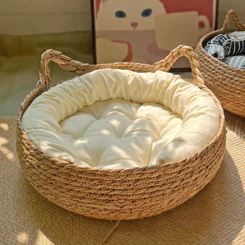 Rattan Weaving Cat Basket Pet Cat Bed With Cushion Soft Warm Puppy Kitten Bed Donut Round Comfortable Sleeping Cat House