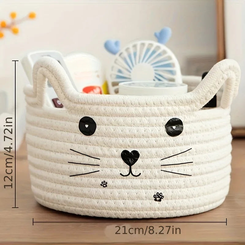 Cat Basket Storage Woven Basket Organizer with Ears Decorative Pet Toy Cute Cotton Rope Basket for Gift Cat Dog Toy Bin