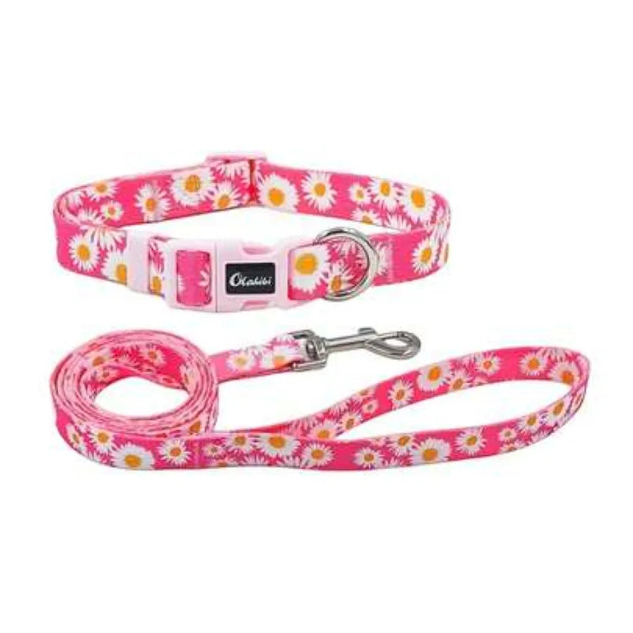 Collar And Leash Set, Cute Pink Daisy Pattern, Polyester Material, 5ft Leash, For Small Dogs. Small, Pink Daisy