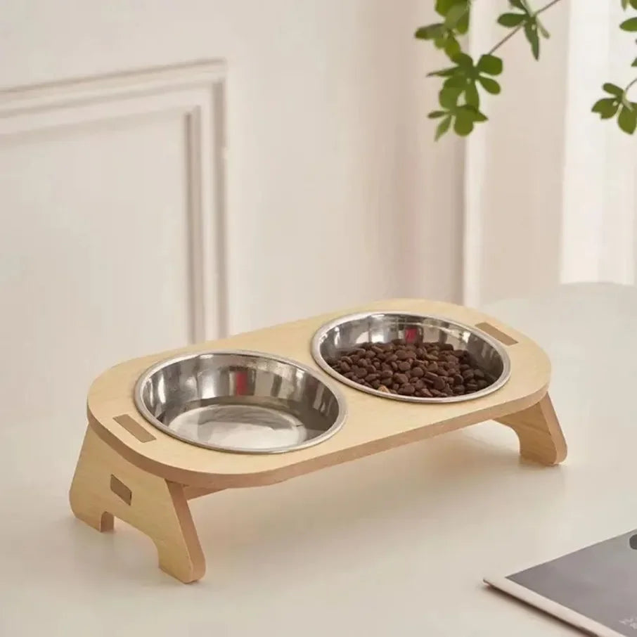 Raised Pet Bowl Inclined Steel Food Bowls Dog Water Feeding Food Container Cat Dish Wooden Stand Pet Supplies Single/Double