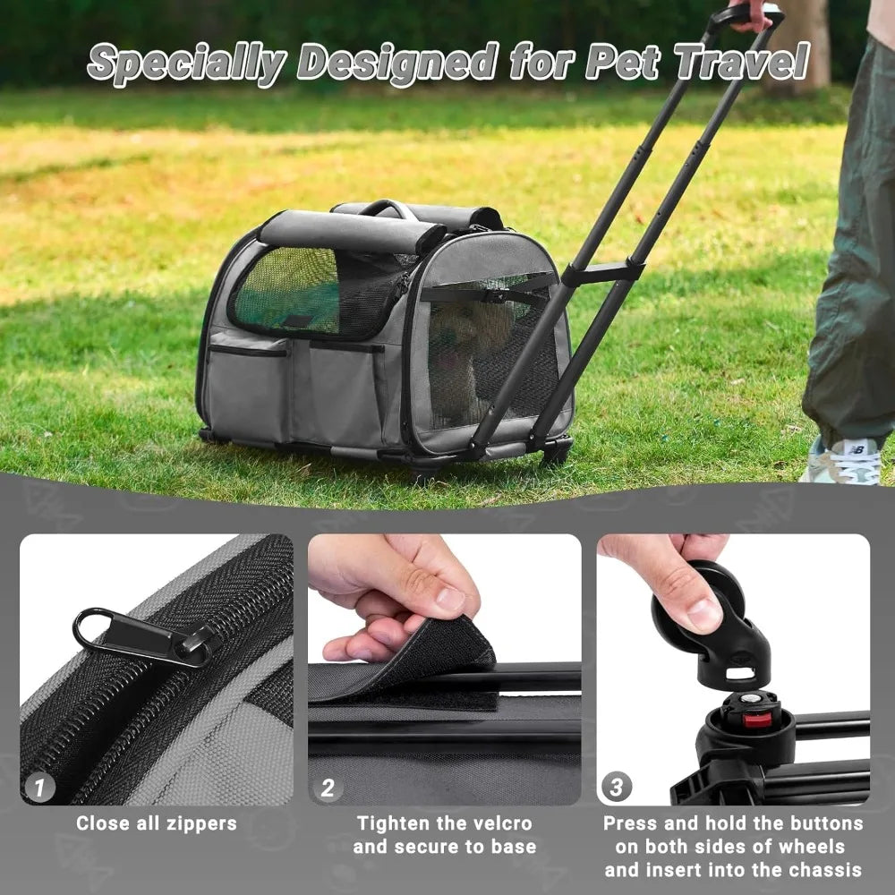 Pet Carrier with Wheels, Foldable Rolling Dog Carrier with Big Pocket, Cat Rolling Bag 21x13x13 for 2 Cats & Dog