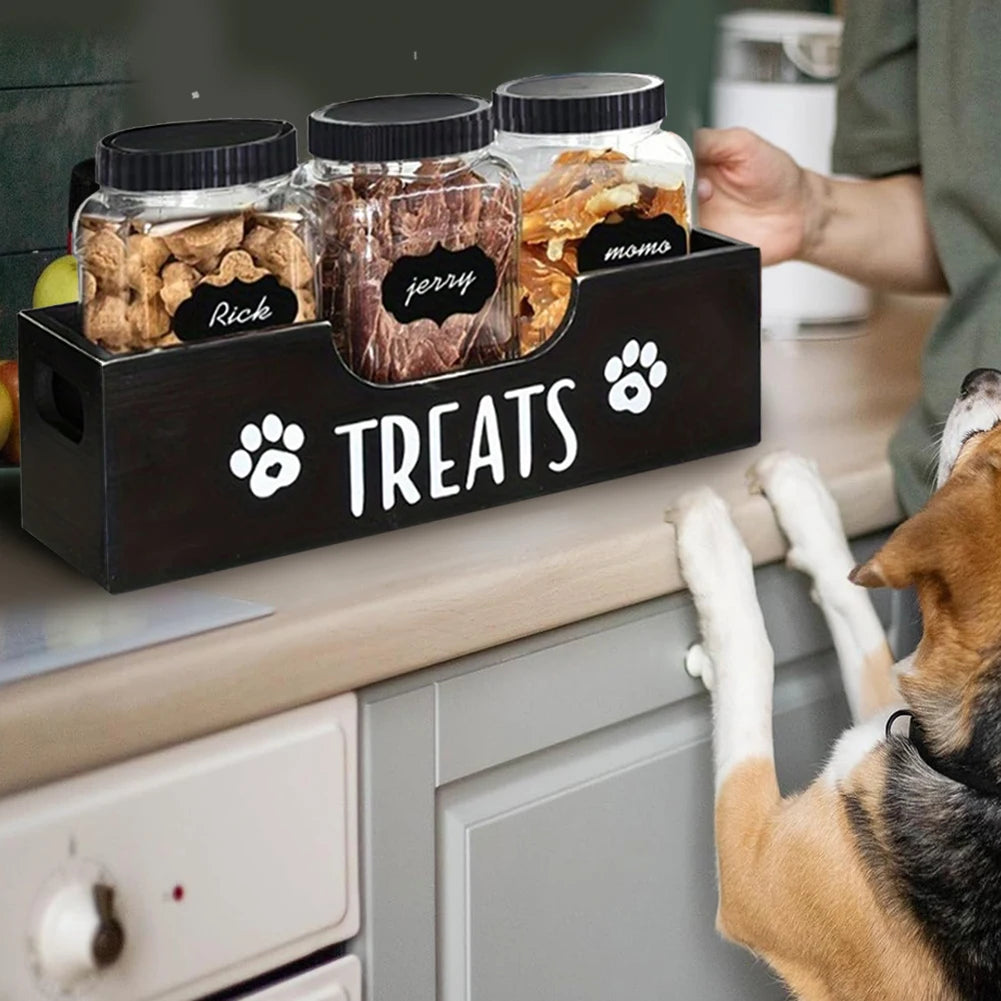 Wooden Dog Food Storage Holder with 3 Plastic Treat Jar Airtight Dog Treat Bin Large Capacity for Pet Gift Supply Accessories