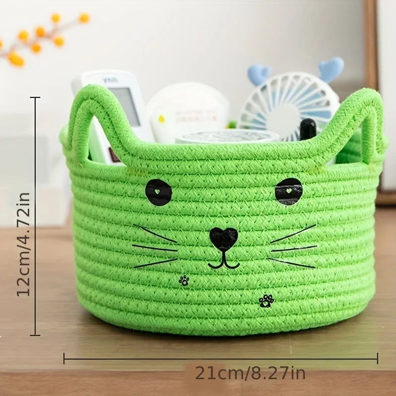 Cat Basket Storage Woven Basket Organizer with Ears Decorative Pet Toy Cute Cotton Rope Basket for Gift Cat Dog Toy Bin