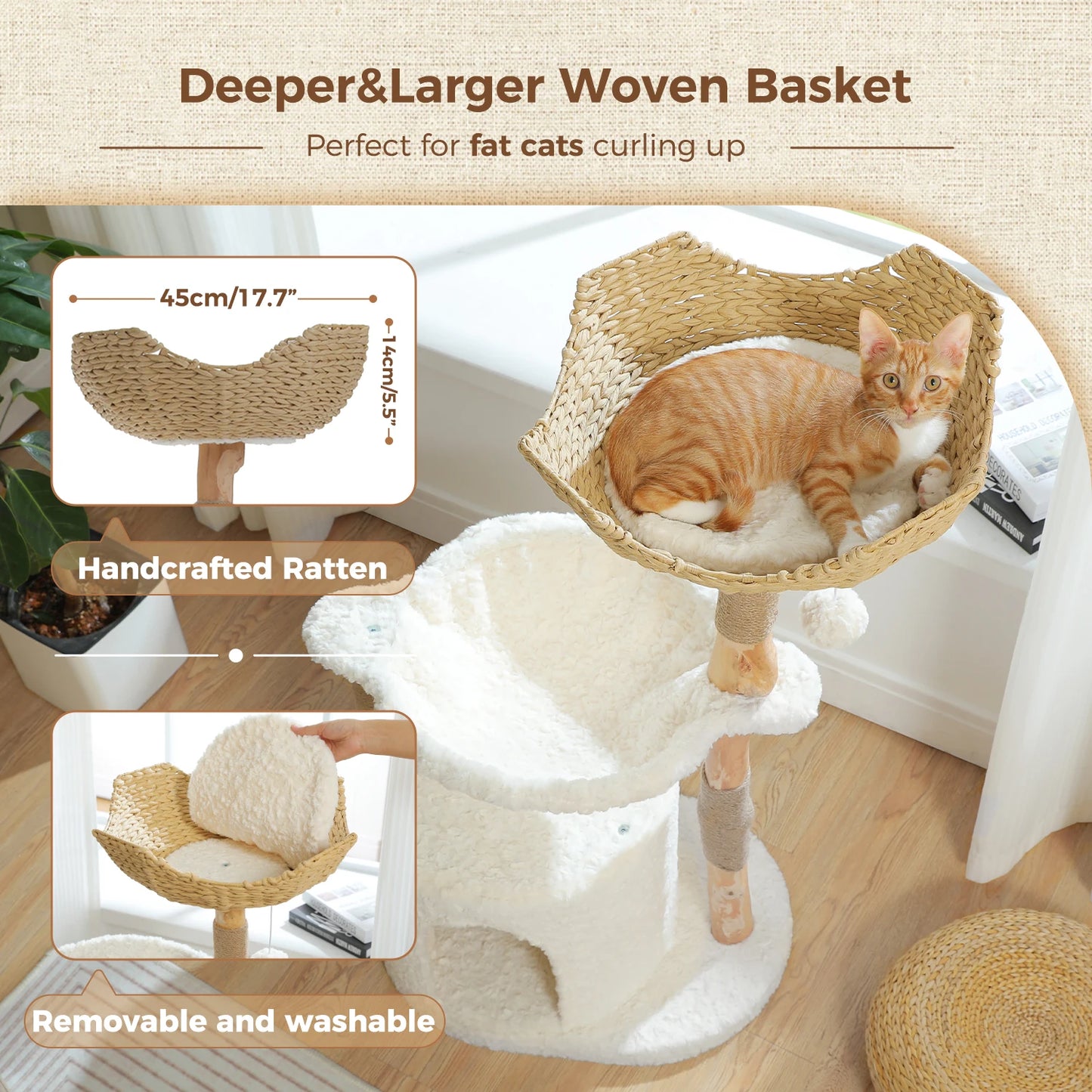 Functional Modern Cat Tree Tower with Large Woven Wicker Basket,Cozy Hammock,Natural Solid Wood Scratching Post, Cat Accessories