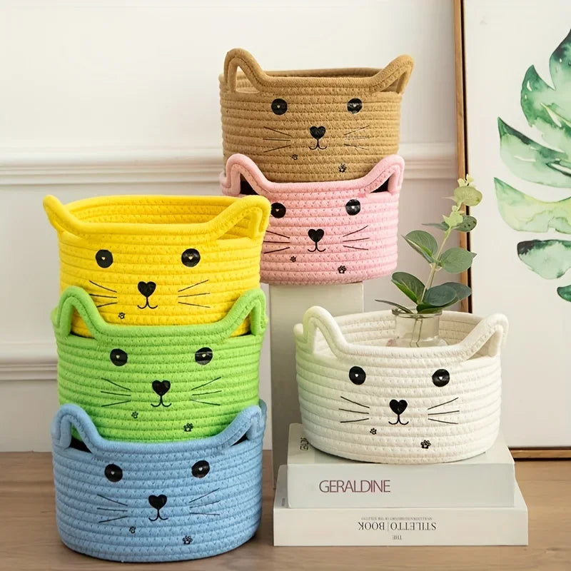 Cat Basket Storage Woven Basket Organizer with Ears Decorative Pet Toy Cute Cotton Rope Basket for Gift Cat Dog Toy Bin
