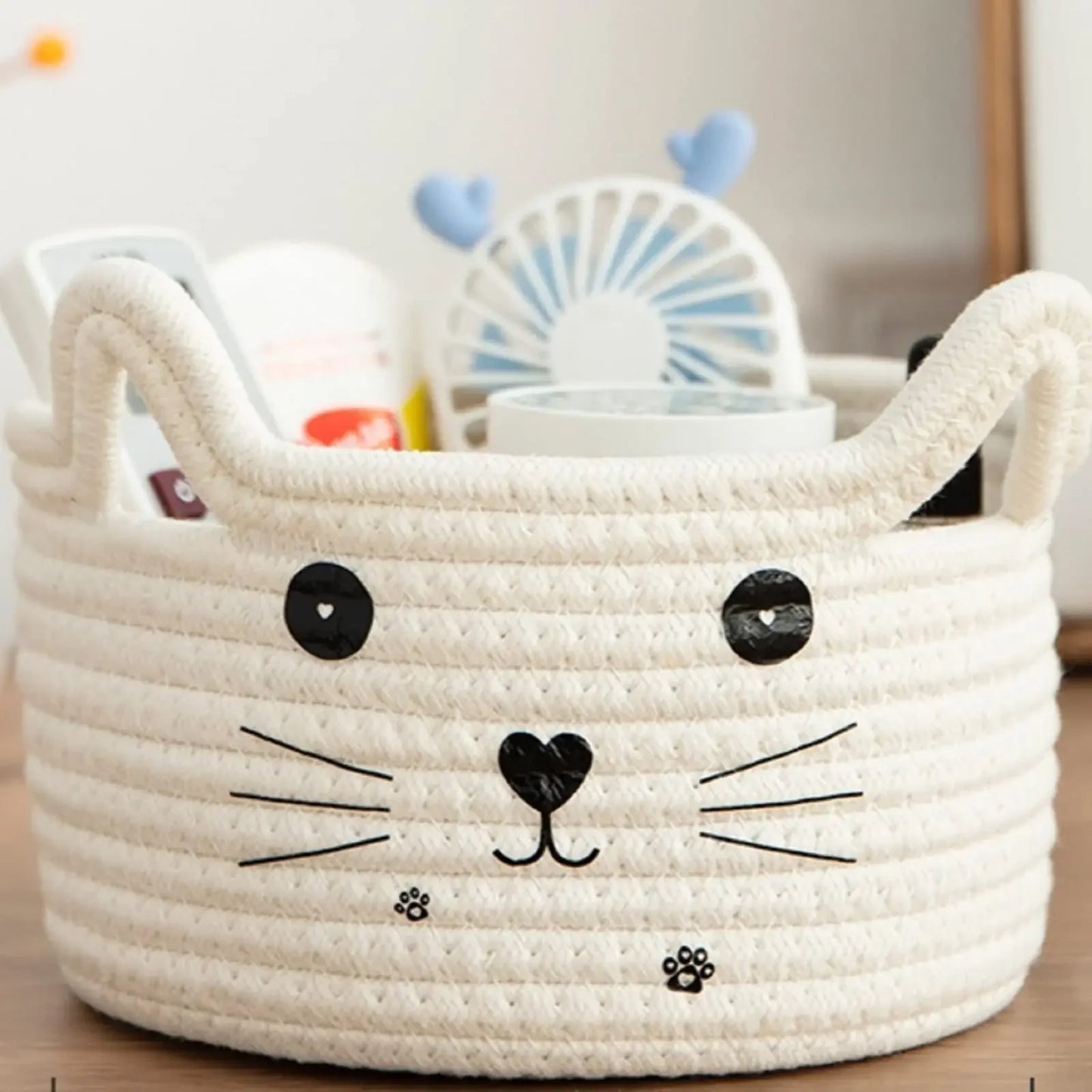 Cat Basket Storage Woven Basket Organizer with Ears Decorative Pet Toy Cute Cotton Rope Basket for Gift Cat Dog Toy Bin