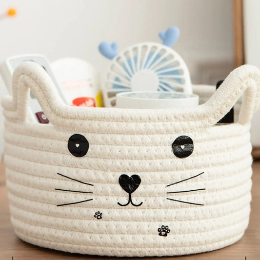 Cat Basket Storage Woven Basket Organizer with Ears Decorative Pet Toy Cute Cotton Rope Basket for Gift Cat Dog Toy Bin