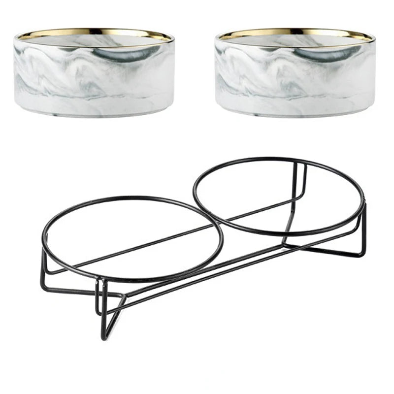 Ceramic Cat Bowl Double Marble Feeder for Dog Puppy with Raised Stand Non-Slip Feeding Food and Water Accessories Products #P021