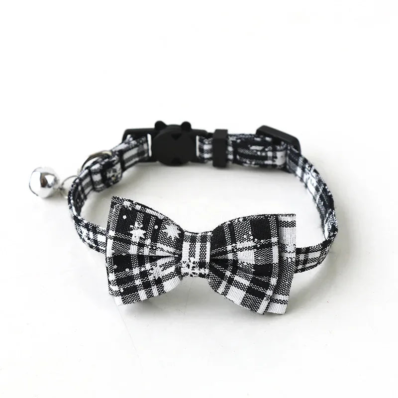 Christmas Bowknot Cat Small Dog Collar with Bell Plaid Snowflake Adjustable Breakaway Pet Puppy Kitten Buckle Necklace