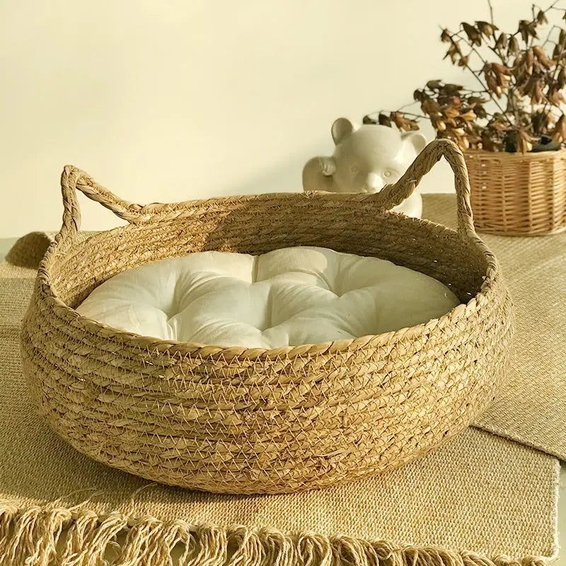 Rattan Weaving Cat Basket Pet Cat Bed With Cushion Soft Warm Puppy Kitten Bed Donut Round Comfortable Sleeping Cat House