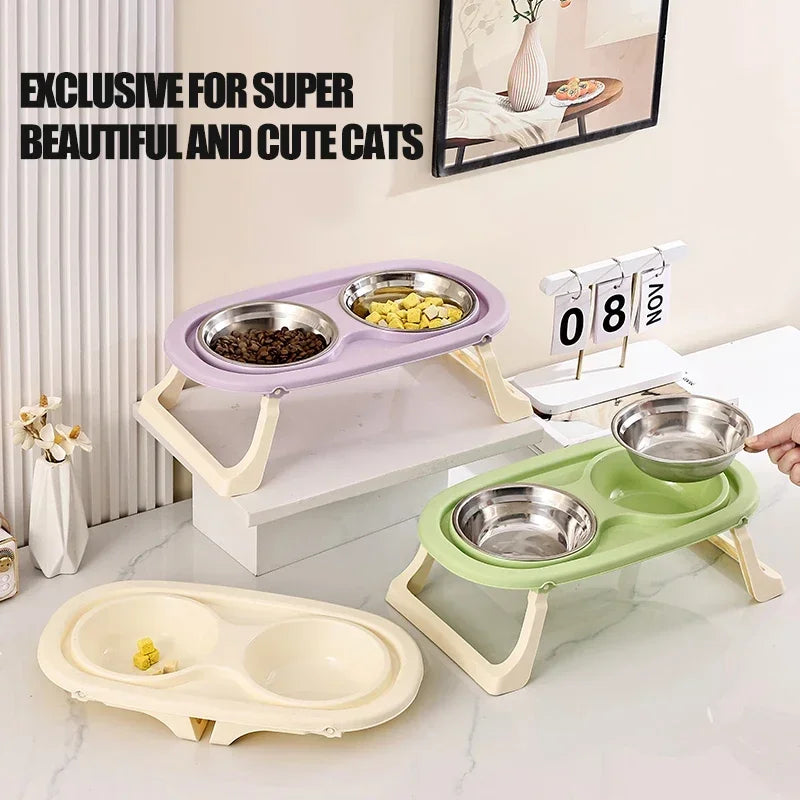 1PC Foldable Stainless Steel Pet Bowl Cat Food Bowl Cat Bowl Dog Food Bowl Neck Protection High Foot Double Bowl Cute bowl Dog