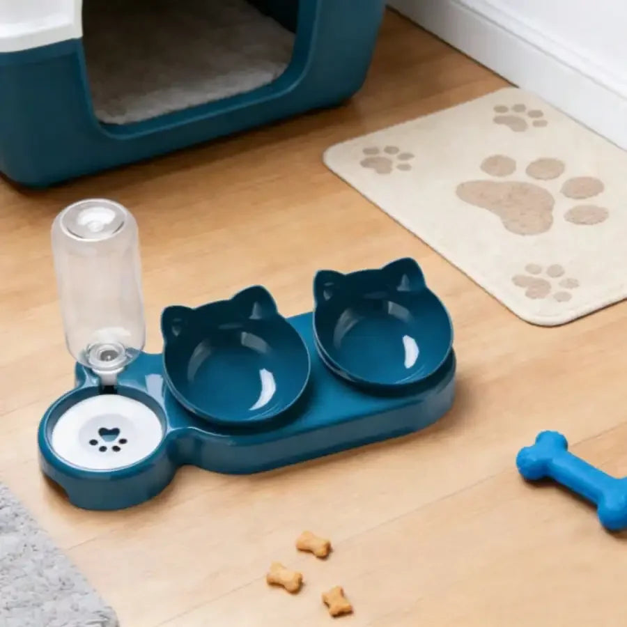 Triple Cat Bowls For Food And Water, Plastic Raised Cat Dishes, Automatic Water Bottle 3 In 1 Pet Bowls 2 Food Bowls And Water F