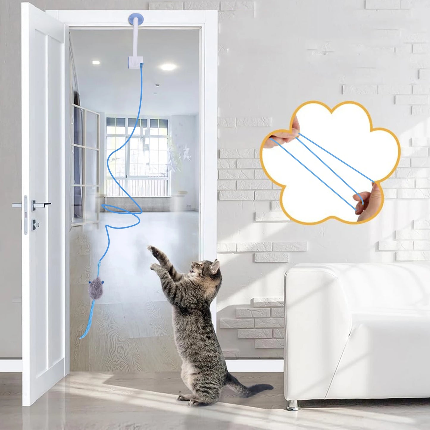 Automatic Retractable Cat Toys Door Hanging with 3 Catnip Mice Teaser Electronic Self Play Feather Cat Interactive Toy Cat Tease