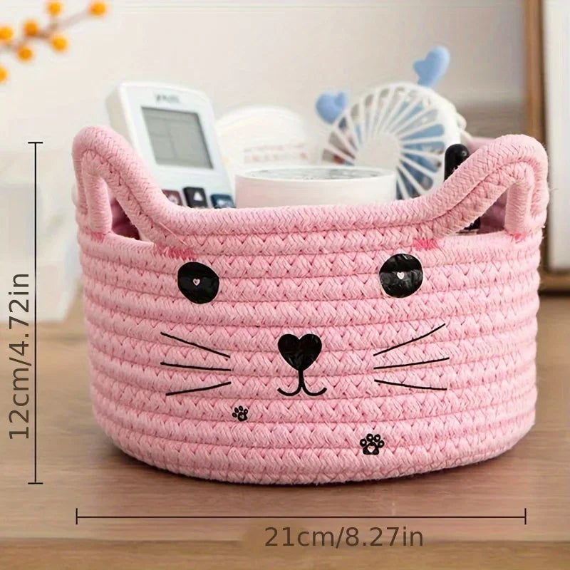 Cat Basket Storage Woven Basket Organizer with Ears Decorative Pet Toy Cute Cotton Rope Basket for Gift Cat Dog Toy Bin