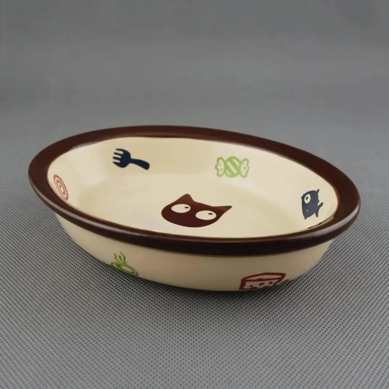 Oval Ceramic Food Bowl,Cute Cartoon Pattern, Dog& Basic , Small Pet Feeding Dishes , Kitten, , Dishw