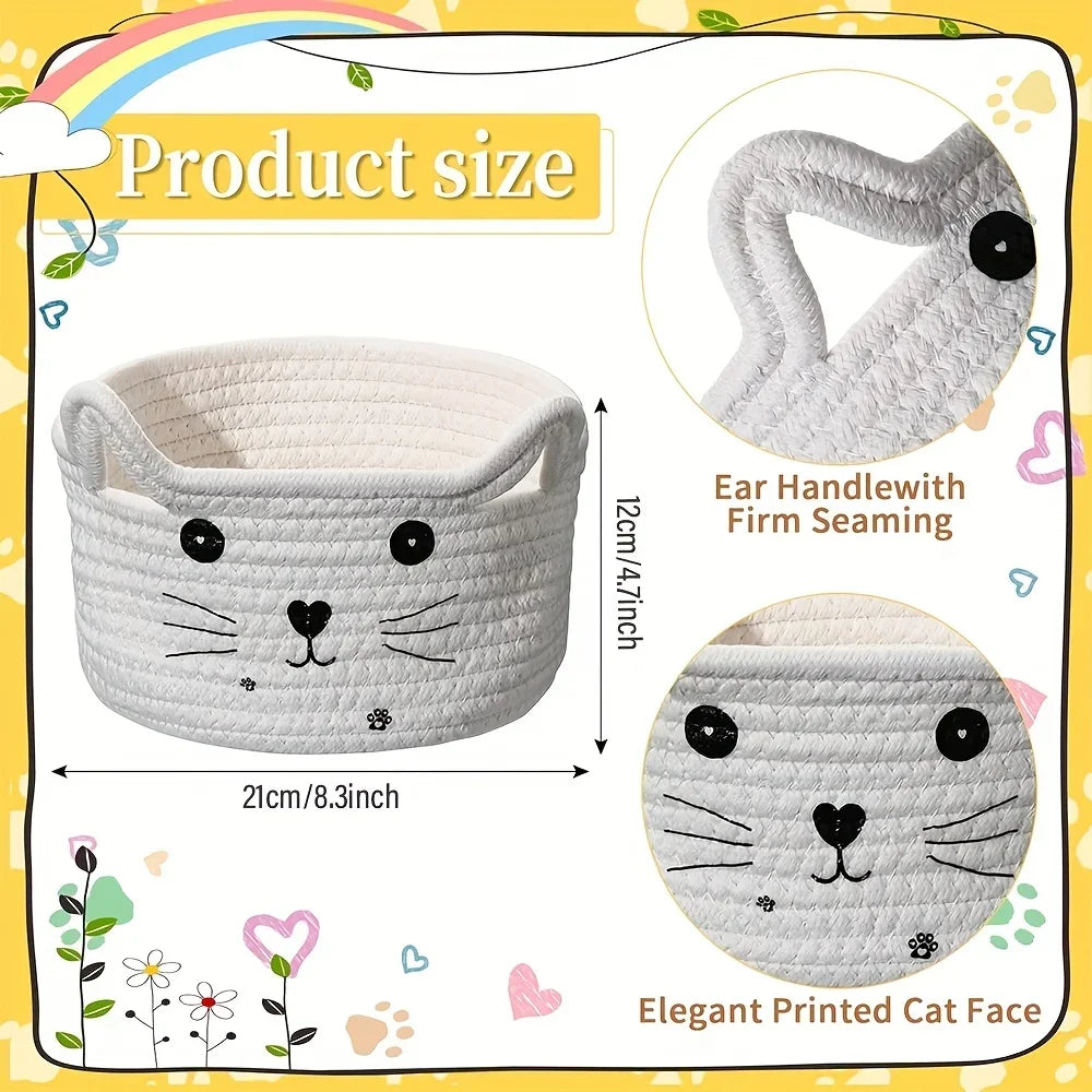 Cat Basket Storage Woven Basket Organizer with Ears Decorative Pet Toy Cute Cotton Rope Basket for Gift Cat Dog Toy Bin