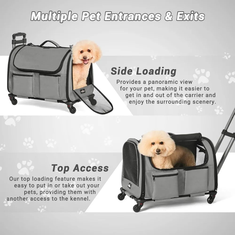 Pet Carrier with Wheels, Foldable Rolling Dog Carrier with Big Pocket, Cat Rolling Bag 21x13x13 for 2 Cats & Dog