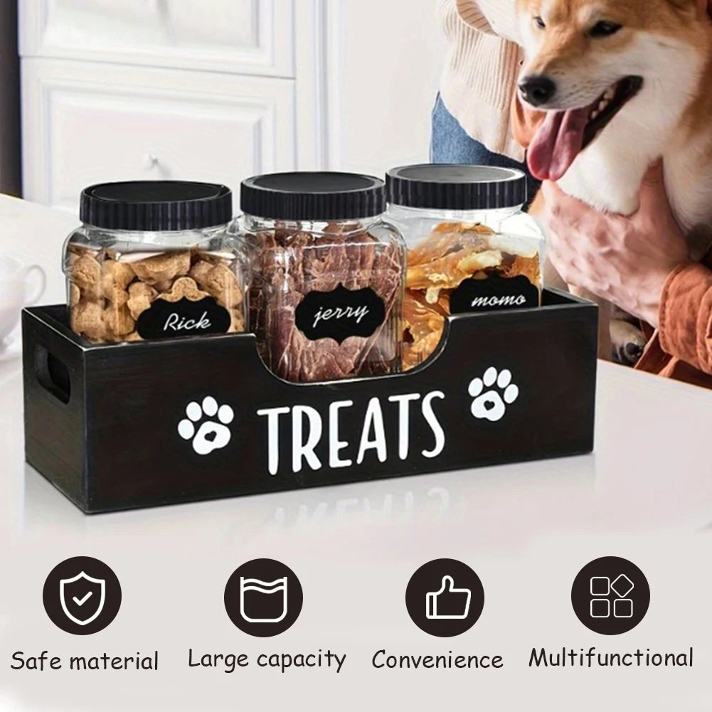 Wooden Dog Food Storage Holder with 3 Plastic Treat Jar Airtight Dog Treat Bin Large Capacity for Pet Gift Supply Accessories