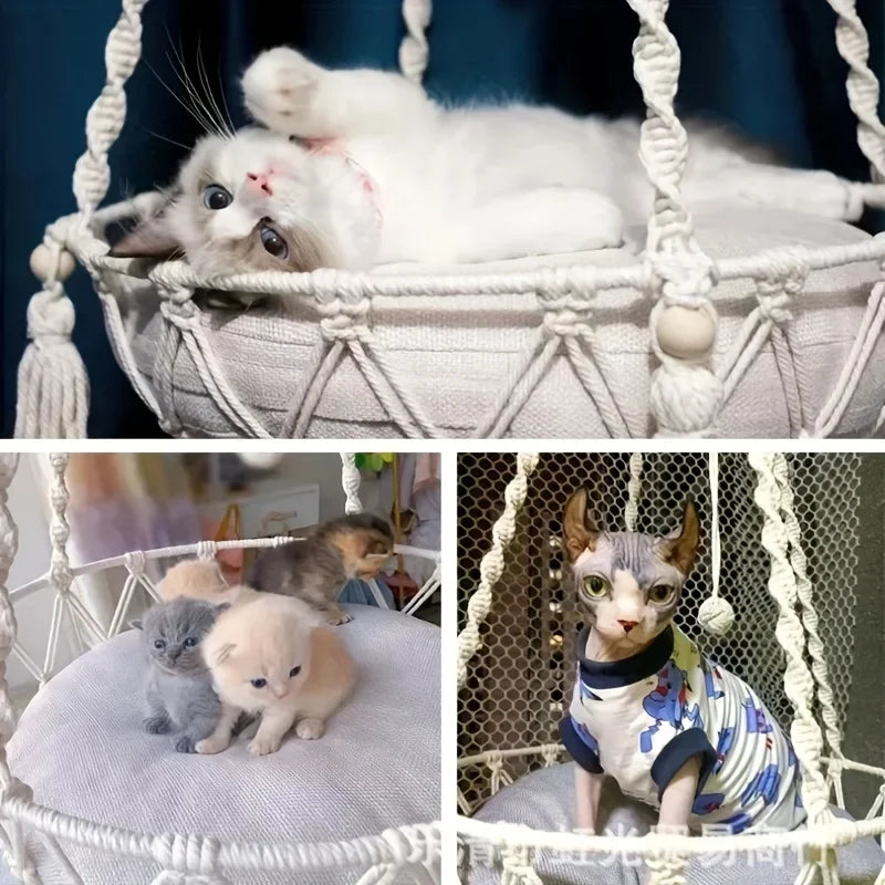 Extra Large Hand-woven Cotton Rope Cat Hammock 40cm/15.75in Super Load-bearing Durable Fits 2 Cats | 24-hour Shipping