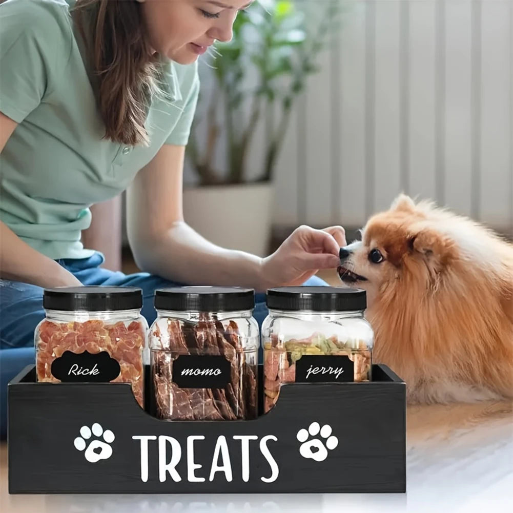 Wooden Dog Food Storage Holder with 3 Plastic Treat Jar Airtight Dog Treat Bin Large Capacity for Pet Gift Supply Accessories