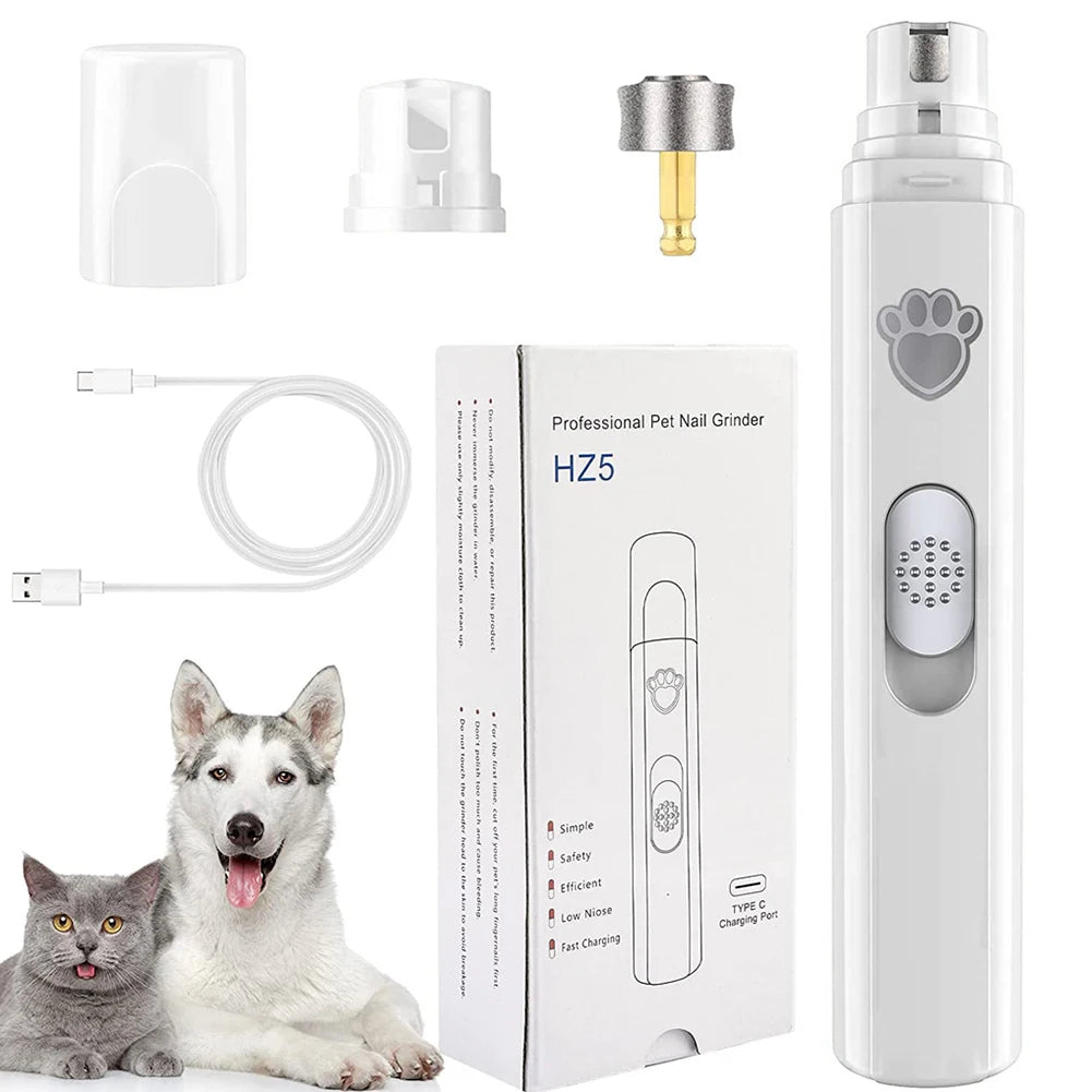 Electric Dog Nail Grinder Low-Noise LED Light Pet Nail Trimmers Painless 2-Speed with Polisher Wheel for Small/Medium/Large Pets