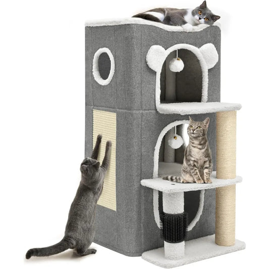 3-Tier Cat House, Cat Beds for Indoor Cats, Modern Cat Condo with Highway Cave, Scratch & Itching Post, Climbing Stand,