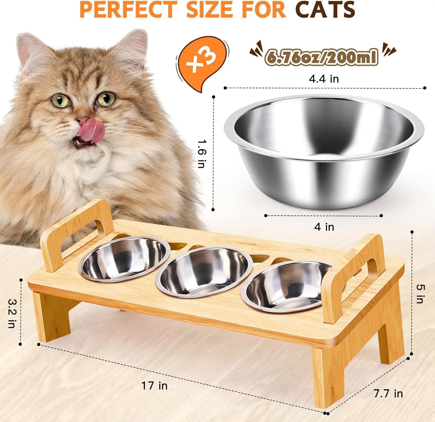 Elevated Cat Food Bowl with 3 Stainless Steel Bowl for Indoor Feeding Bowls Anti Vomitting Raised Pet Feeder Small Cats Bowls
