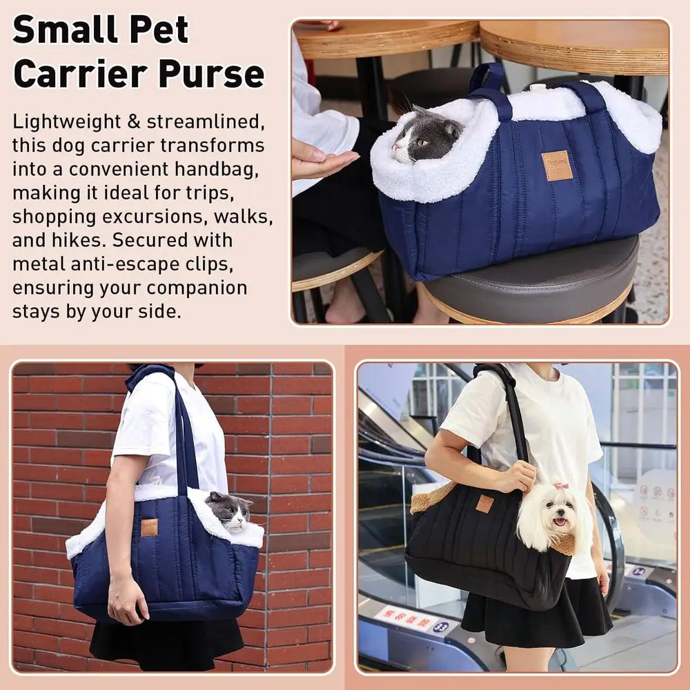 Small Dog Carrier Purse, Winter Fleece Warm Dog Tote Bag Carrier with Secure Harness Clip for Puppy Kitten, Waterproof Pet Trave