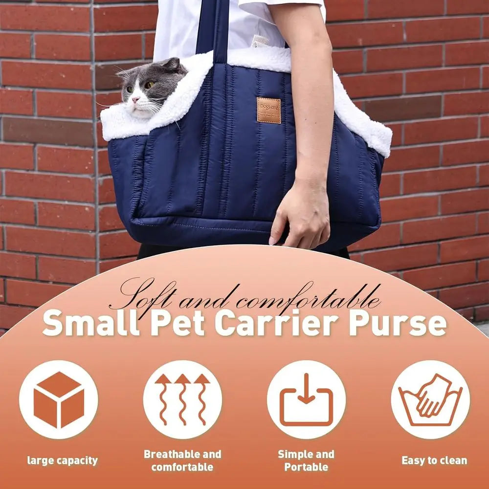 Small Dog Carrier Purse, Winter Fleece Warm Dog Tote Bag Carrier with Secure Harness Clip for Puppy Kitten, Waterproof Pet Trave