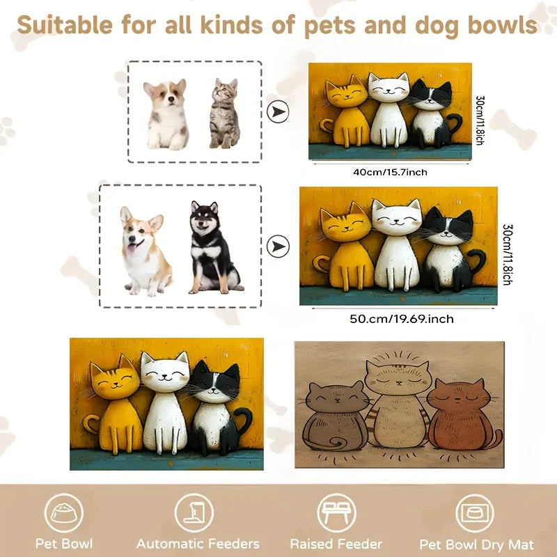 Non-Slip Cat Pattern Pet Feeding Mat, Cute Design with Leakproof Easy Clean Waterproof Surface to Prevent Floor Contamination.