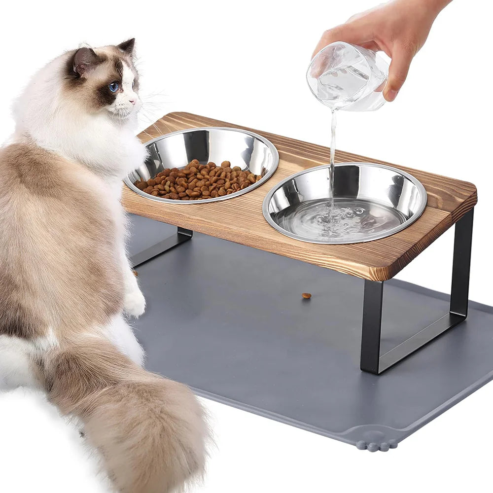 Upgraded Elevated Cat Bowls with Food Mat 15°Tilted Stand Anti Vomiting Raised Cat Dishes 2 Stainless Steel Bowls for Puppy