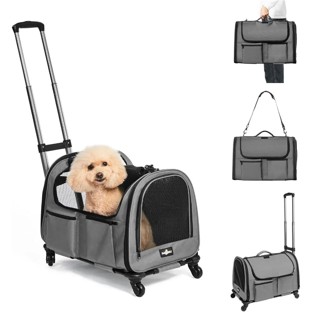 Pet Carrier with Wheels, Foldable Rolling Dog Carrier with Big Pocket, Cat Rolling Bag 21x13x13 for 2 Cats & Dog