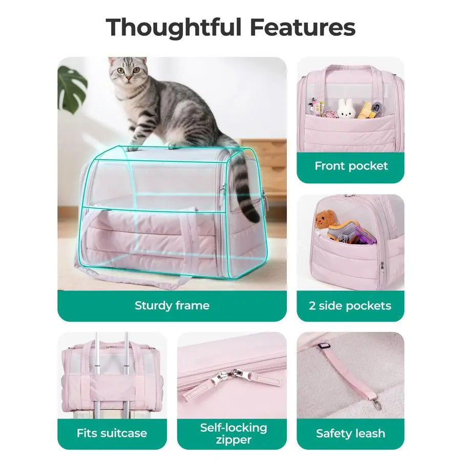 Cat Carrier SoftSided Pet Carrier for Small Medium Cats Dogs Puppy Quilted Collapsible Puffy Travel Bag Up to 20 Lbs Pink