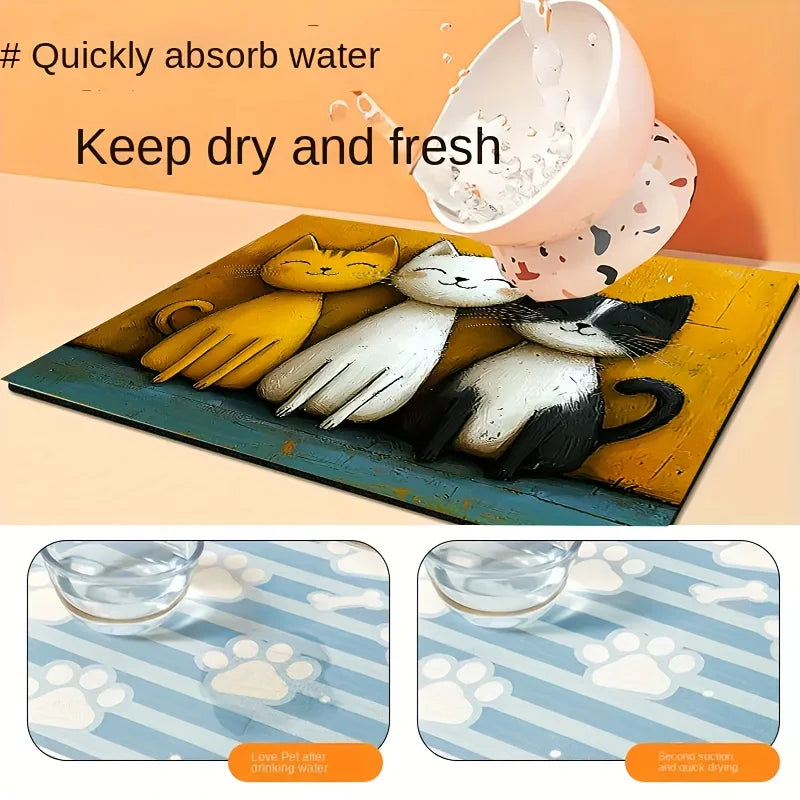 Non-Slip Cat Pattern Pet Feeding Mat, Cute Design with Leakproof Easy Clean Waterproof Surface to Prevent Floor Contamination.